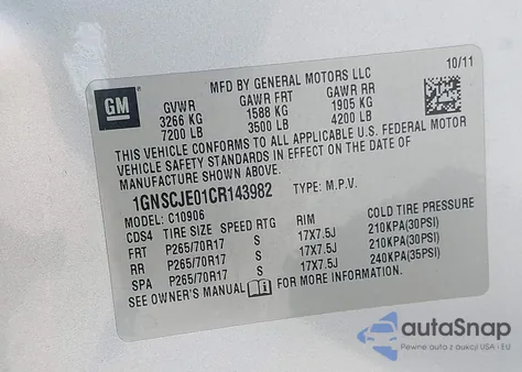 2012 Chevrolet Suburban 1500 Lt z USA, uszkodzony, nr VIN 1GNSCJE01CR143982